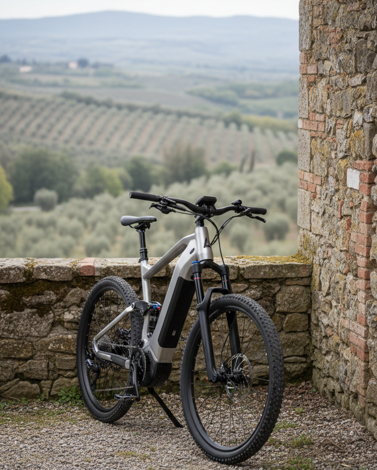 A sleek, detailed E-Bike with brushed aluminum frame, matte black accents, and high-end suspension, stands parked beside a weathered stone wall typical of Tuscan countryside. The background features rolling hills and orderly rows of olive trees under a muted, overcast sky, lending neutral tones and a calm, even light. The photograph uses a slightly elevated angle for a balanced, center-focused view, with sharp focus on both the bike and the rustic surroundings. The mood is professional yet inviting, emphasizing clean lines, open space, and reliable sophistication for guests seeking exclusive local tours. The overall style is photographic realism with a modern, corporate touch.
